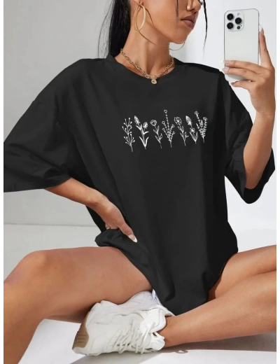 Kadın Baskılı Oversize T-shirt - Siyah