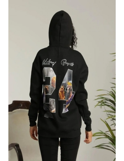 Kadın Baskılı Oversize Üç İplik Kapüşonlu Sweatshirt - Siyah
