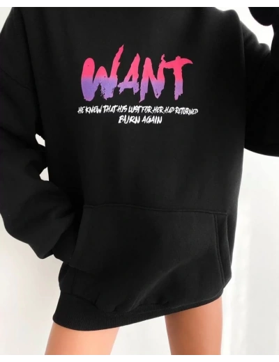 Kadın Oversize Kapüşonlu Cepli WANT Baskılı 3 İplik Pamuklu Hoodie Sweatshirt - Siyah