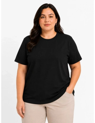 Kadın Battal Big Size Basic Tişört Bisiklet Yaka Rahat Kalıp T-Shirt - Siyah