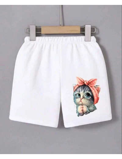 Kadın Beli Lastikli Baskılı Mini Şort - Beyaz