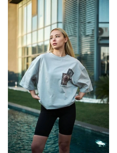 kadın Bisiklet Yaka Baskılı Kısa kol Oversize T-Shirt - Boyalı Gri