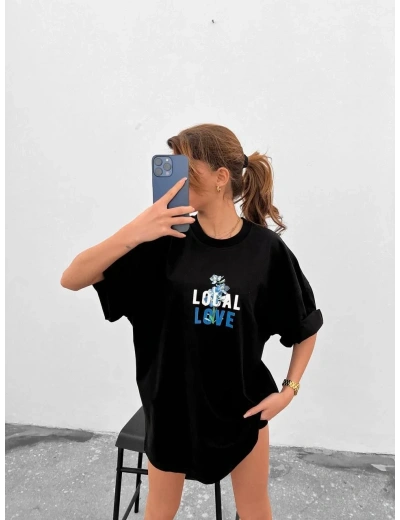 Kadın Tişort Bisiklet Yaka Baskılı Kısa kol Oversize T-Shirt - Siyah