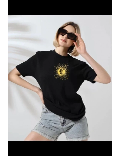 Kadın Bisiklet Yaka Baskılı  Kısa kol T-Shirt - Siyah