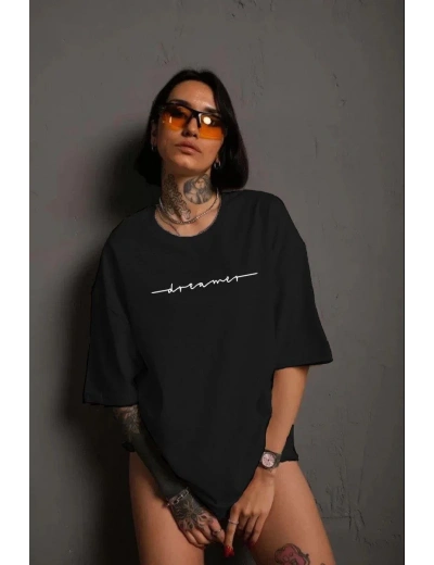 Kadın Bisiklet Yaka Baskılı kısa kol T-Shirt - Siyah