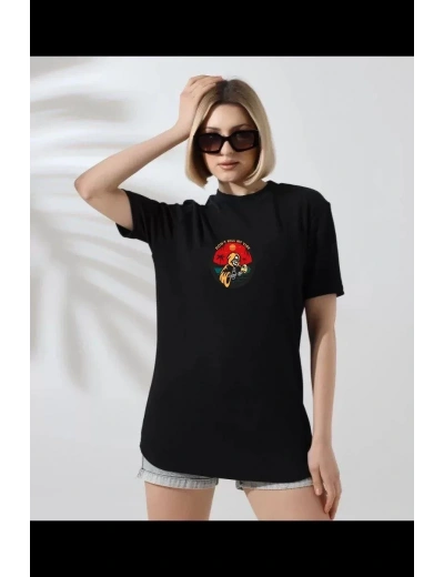 Kadın Bisiklet Yaka Baskılı  kısa kol T-Shirt - Siyah