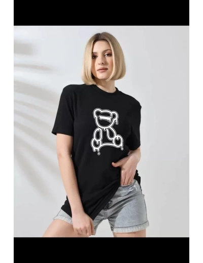 Kadın Bisiklet Yaka Baskılı  Kısa kol T-Shirt - Siyah