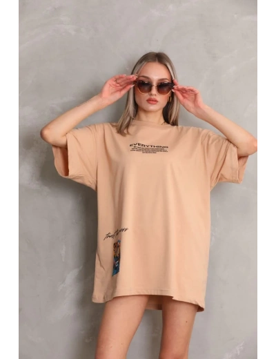 kadın Bisiklet Yaka Baskılı Oversize Kısa kol T-Shirt - Bej