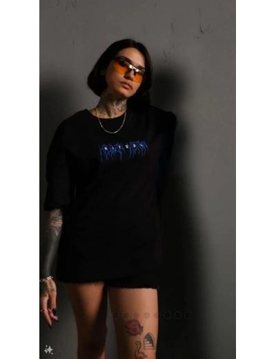 kadın Bisiklet Yaka Baskılı Oversize  Kısa kol T-Shirt - Siyah