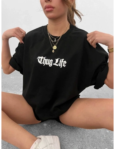 Kadın Bisiklet Yaka Baskılı Oversize  Kısa kol T-Shirt - Siyah