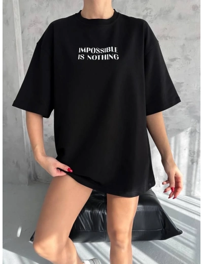 kadın Bisiklet Yaka Baskılı Oversize  Kısa kol T-Shirt - Siyah