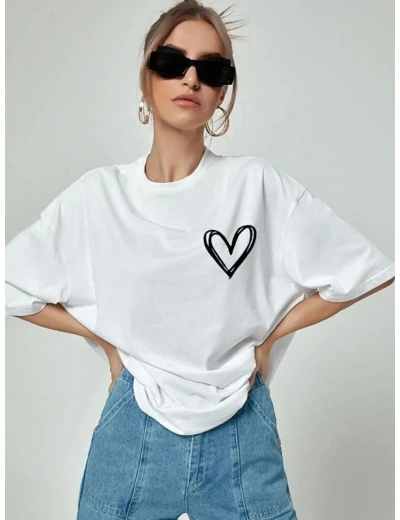 Kadın Tişört Bisiklet Yaka Baskılı Oversize T-Shirt - Beyaz