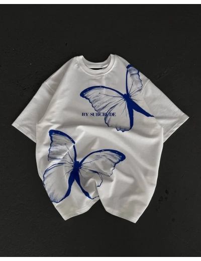 kadın  Bisiklet Yaka Baskılı Oversize T-Shirt - Beyaz
