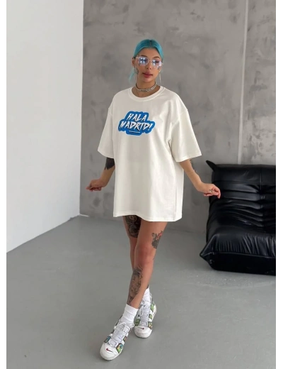 Kadın Kısa Kol Yazlık Tişört Bisiklet Yaka Baskılı Oversize T-Shirt - Beyaz