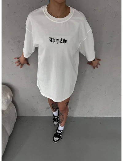 Kadın Kısa Kol Yazlık Tişört Bisiklet Yaka Baskılı Oversize T-Shirt - Beyaz