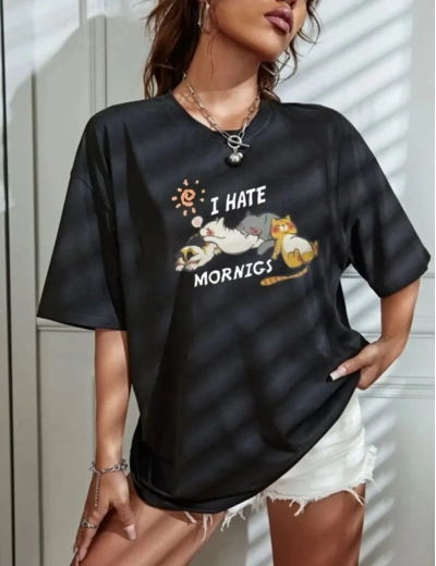 Kadın Tişört Bisiklet Yaka Baskılı Oversize T-Shirt - Siyah