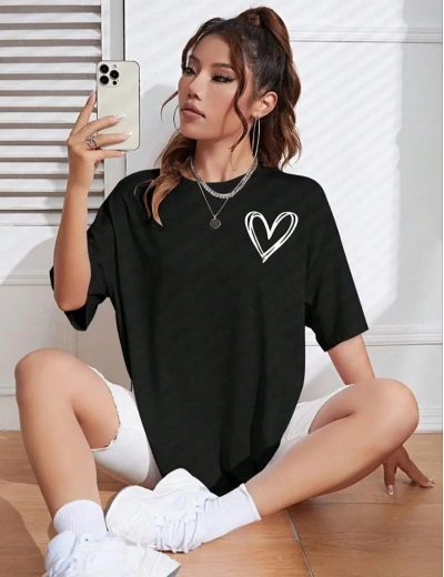 Kadın Tişört Bisiklet Yaka Baskılı Oversize T-Shirt - Siyah