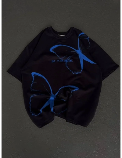 kadın Bisiklet Yaka Baskılı Oversize T-Shirt - Siyah