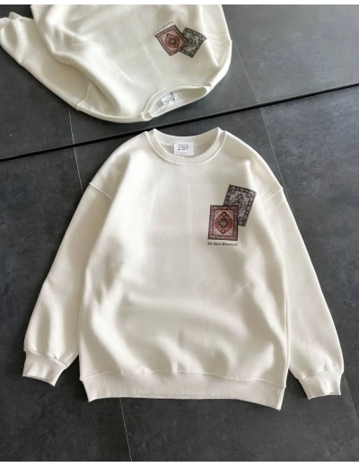 Kadın Bisiklet Yaka Kilim Halı Baskılı 3 İplik Pamuklu Sweatshirt - Beyaz