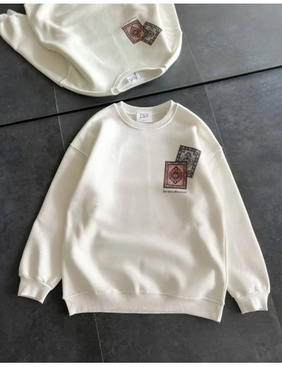 Kadın Bisiklet Yaka Baskılı SweatShirt - Beyaz