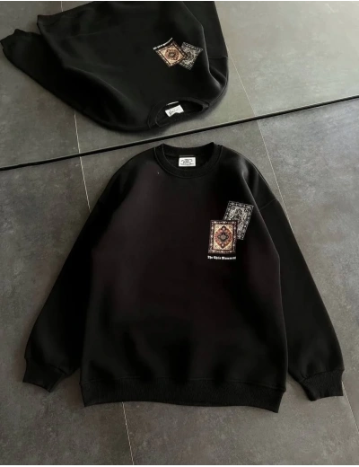Kadın Bisiklet Yaka Kilim Halı Baskılı 3 İplik Pamuklu Sweatshirt - Siyah