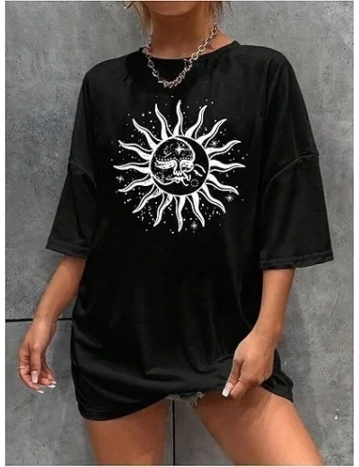 Kadın Baskılı T-Shirt Kısa Kol Bisiklet Yaka Regular Fit Rahat Kalıp Tişört - Siyah