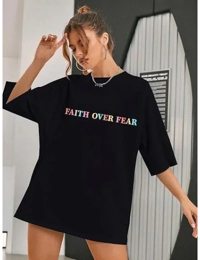 Kadın Baskılı T-Shirt Kısa Kol Bisiklet Yaka Oversize Rahat Kalıp Tişört - Siyah