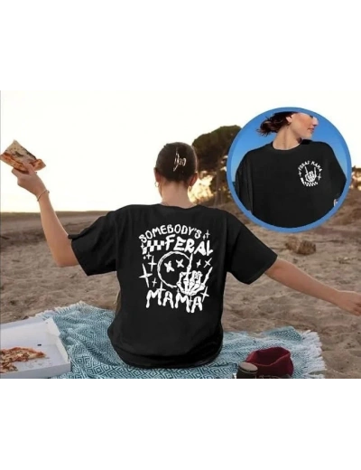 Kadın Baskılı T-Shirt Kısa Kol Bisiklet Yaka Oversize Rahat Kalıp Tişört - Siyah