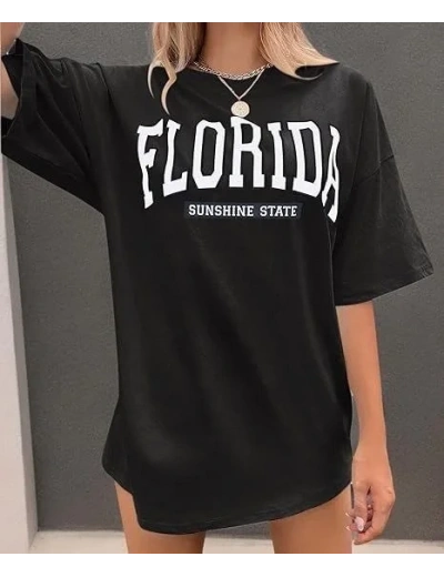 Kadın Kısa Kol Yazlık Tişört Bisiklet Yaka FLORIDA Baskılı T-Shirt - Siyah