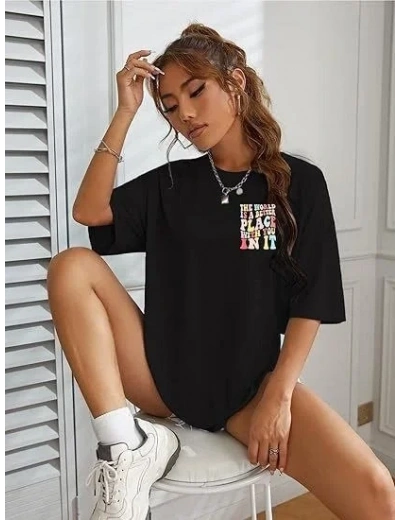 Kadın Baskılı T-Shirt Kısa Kol Bisiklet Yaka Oversize Rahat Kalıp Tişört - Siyah