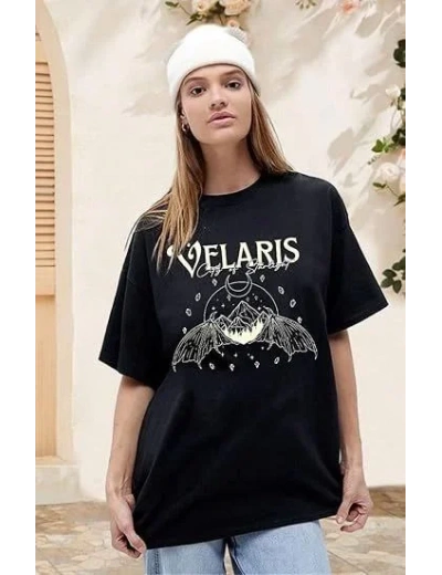 Kadın Bisiklet Yaka Baskılı T-shirt - Siyah
