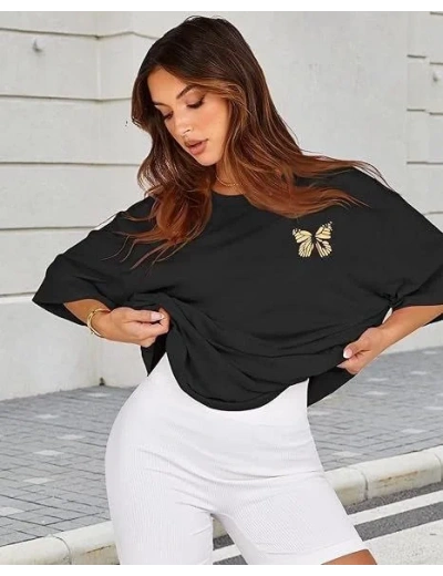 Kadın Bisiklet Yaka Baskılı T-shirt - Siyah