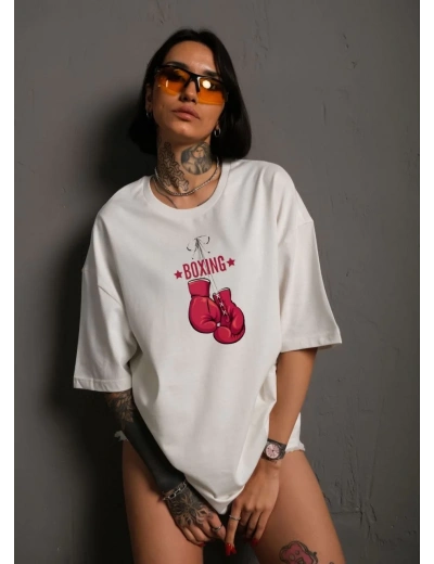 kadın Bisiklet Yaka Boks Eldiven Baskılı Oversize T-Shirt - Beyaz