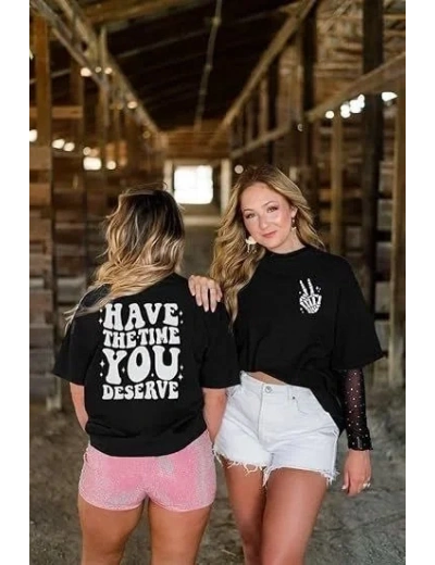 Kadın Baskılı T-Shirt Kısa Kol Bisiklet Yaka Oversize Rahat Kalıp Tişört - Siyah