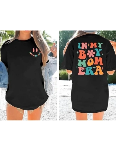 Kadın Baskılı T-Shirt Kısa Kol Bisiklet Yaka Oversize Rahat Kalıp Tişört - Siyah