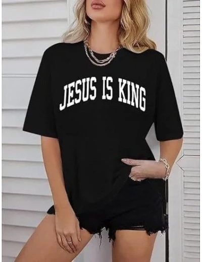 Kadın Baskılı T-Shirt Kısa Kol Bisiklet Yaka Oversize Rahat Kalıp Tişört - Siyah