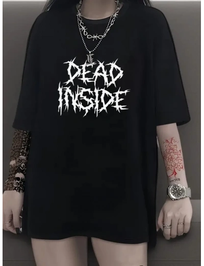 Kadın T-shirt Bisiklet Yaka Oversize Kısa Kollu Tişört - Siyah