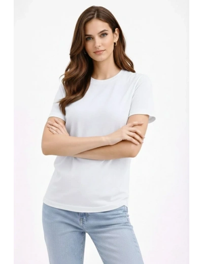 Kadın Bisiklet Yaka Tişört Regular Kalıp Basic Pamuklu Günlük Kullanım T-shirt - Beyaz