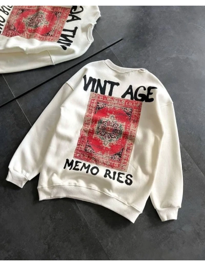 Kadın Bisiklet Yaka 3 İplik Baskılı Oversize SweatShirt - Beyaz