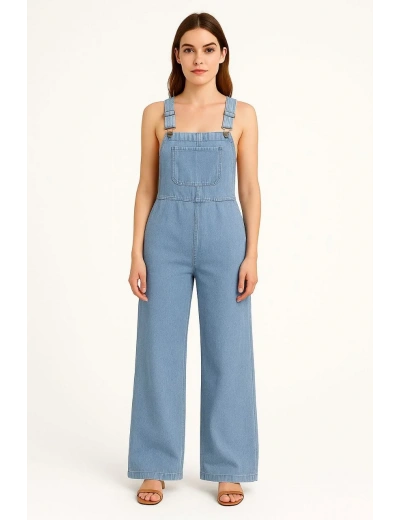 Kadın Chambray Açık Mavi Denim Görünümlü Geniş Paça Salopet Tulum - Mavi