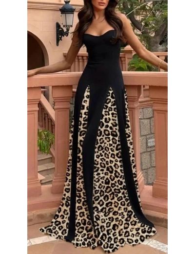 Kadın Dalgıç Kumaş Leopar Desenli Kloş Elbise