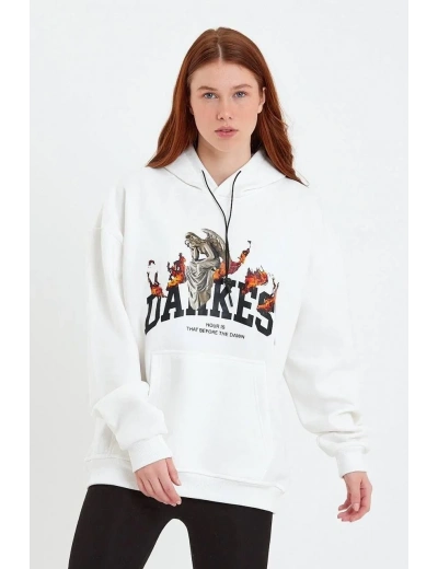 Kadın Oversize Kapüşonlu Cepli Baskılı 3 İplik Pamuklu Hoodie Sweatshirt - Beyaz