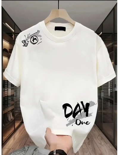 Kadın Kısa Kol Yazlık Tişört Bisiklet Yaka Baskılı Oversize T-Shirt - Beyaz