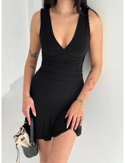 Kadın Derin V Yaka Sırt Dekolteli Mini Elbise Drapeli Şık Kolsuz - Siyah