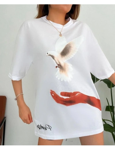 Kadın Dijital Baskılı T-Shirt - Beyaz