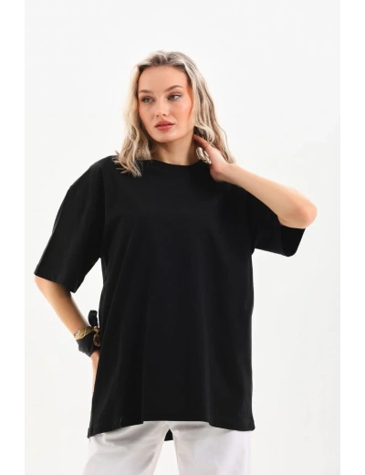 Kadın Düz  Kısa kol Penye T-shirt - Siyah