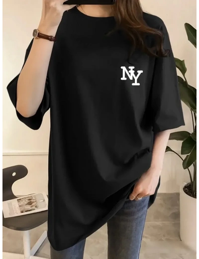 Kadın Eğlenceli Harf NY Baskılı Bisiklet Yaka Tişört - Polyester Makinede - Siyah