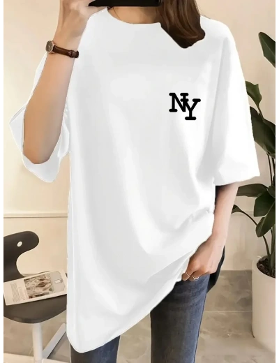 Kadın Eğlenceli Harf NY Baskılı Bisiklet Yaka Tişört - Polyester Makinede - Beyaz