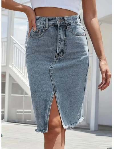 Kadın Elastik Bel Yırtık Kenar Detaylı Kot Etek