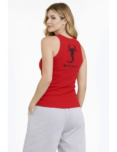 Kadın Fitilli Atlet Sıfır Yaka Slim Fit Arka Baskılı Spor Atlet - Kırmızı